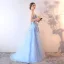 Chic / Belle Bleu Ciel Robe De Soirée 2019 Princesse Bustier Perlage Perle Paillettes Appliques En Dentelle Fleur Sans Manches Dos Nu Longue Robe De Ceremonie