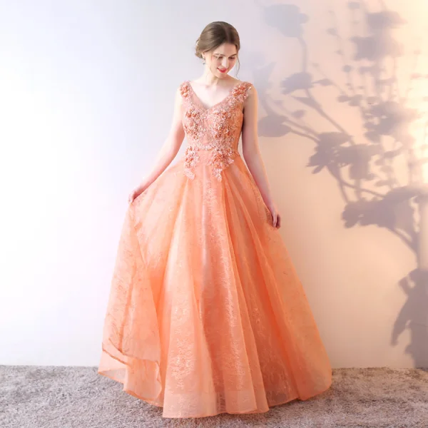 Classy Orange Evening Dresses 2019 A-Line / Princess V-Neck Rhinestone Lace  Flower Appliques Sleeveless Backless