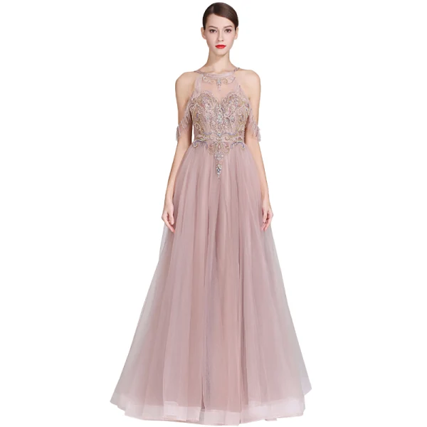 Chic / Beautiful Pearl Pink Evening Dresses 2019 A-Line / Princess Scoop Neck Beading Rhinestone Crystal Pearl Sleeveless Backless Floor-Length / Long Formal Dresses