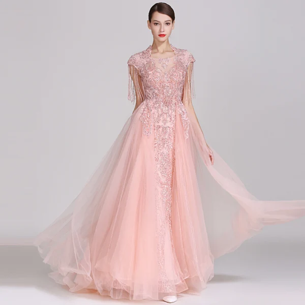 High-end Candy Pink Evening Dresses 2019 A-Line / Princess Square Neckline Handmade Lace Flower Sequins Cap Sleeves Beading Tassel Floor-Length / Long Formal Dresses