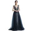 Classy Navy Blue Evening Dresses  2019 A-Line / Princess V-Neck Handmade  Beading Crystal Rhinestone Sleeveless Backless Floor-Length / Long Formal Dresses