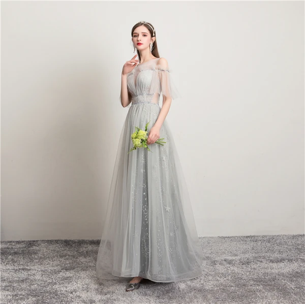Modern / Fashion Sky Blue Evening Dresses 2019 A-Line / Princess Ruffle Scoop Neck Star Sequins Short Sleeve Backless Sweep Train Formal Dresses