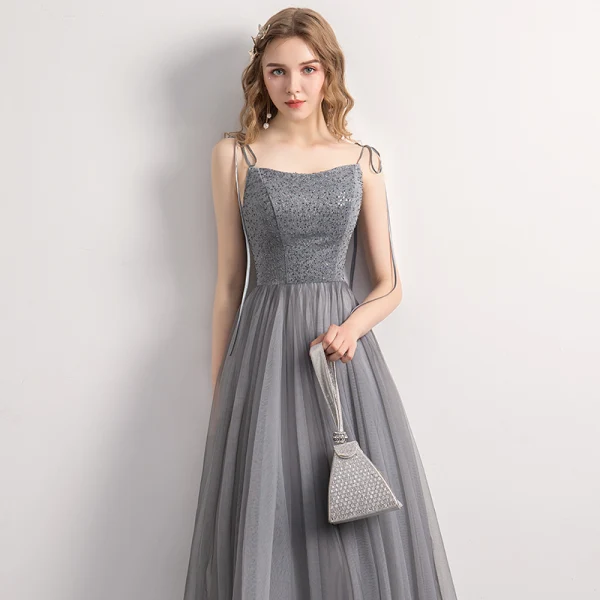 Chic / Belle Gris Robe De Bal 2019 Princesse Bretelles Spaghetti Noeud Perlage Paillettes Sans Manches Dos Nu Longueur Cheville Robe De Ceremonie