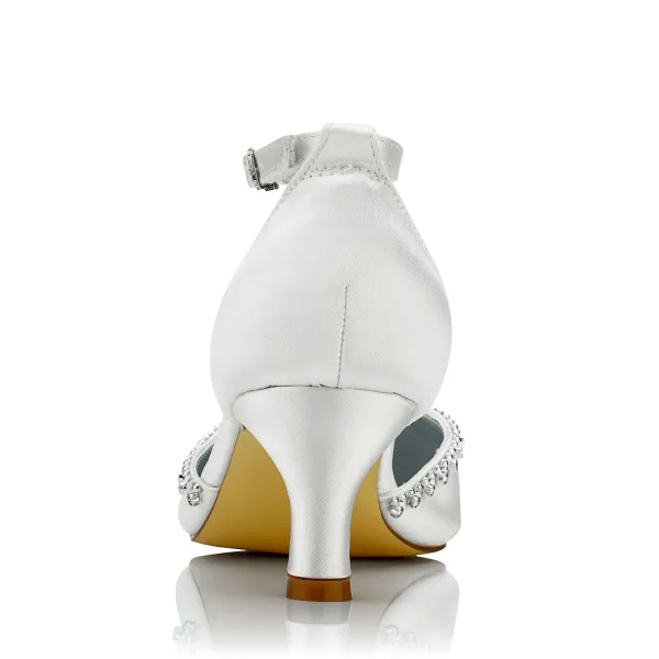 Enkla Elfenben Satin Brudskor 2021 Rhinestone Ankelband 5 cm Stilettklackar Spetsiga Bröllop Sandaler Högklackade