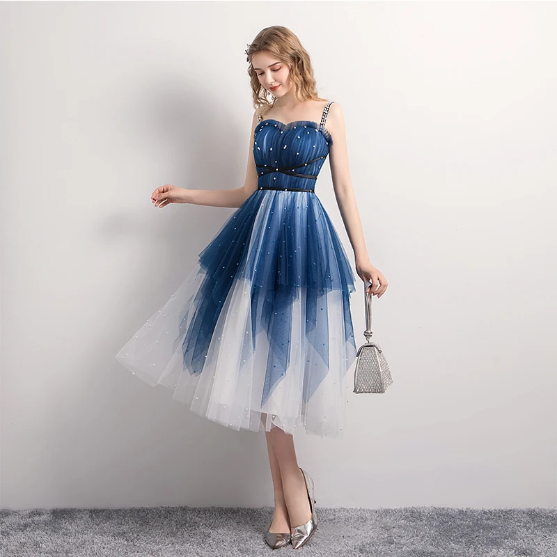 Modern Fashion Navy Blue Homecoming Graduation Dresses 2019 A Line Princess  Spaghetti Straps Pearl Sleeveless Backless Tea Length Formal Dresses