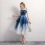 Modern / Fashion Navy Blue Homecoming Graduation Dresses 2019 A-Line / Princess Spaghetti Straps Pearl Sleeveless Backless Tea-length Formal Dresses