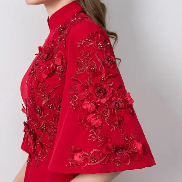 Chinese style Vintage / Retro Burgundy Evening Dresses 2019 A-Line / Princess High Neck 3D Lace Pearl Appliques Bell sleeves Floor-Length / Long Formal Dresses