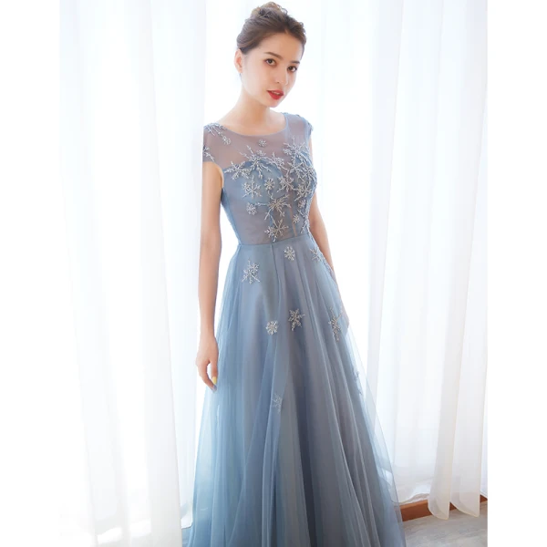 Chic / Beautiful Sky Blue Evening Dresses 2019 A-Line / Princess Scoop Neck Beading Cap Sleeves Floor-Length / Long Formal Dresses