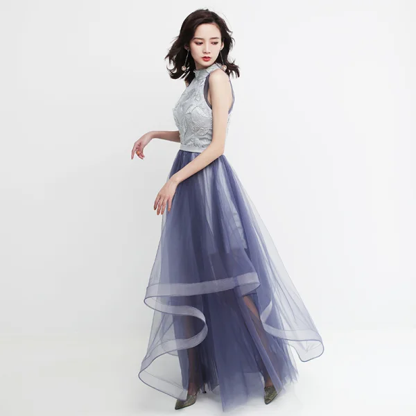 Modern / Fashion Silver Grey Evening Dresses  2019 A-Line / Princess Scoop Neck Lace Sleeveless Cascading Ruffles Floor-Length / Long Formal Dresses
