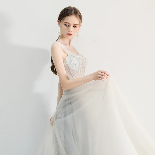 Chic / Beautiful Grey Prom Dresses 2019 A-Line / Princess Square Neckline Beading Rhinestone Sleeveless Backless Floor-Length / Long Formal Dresses