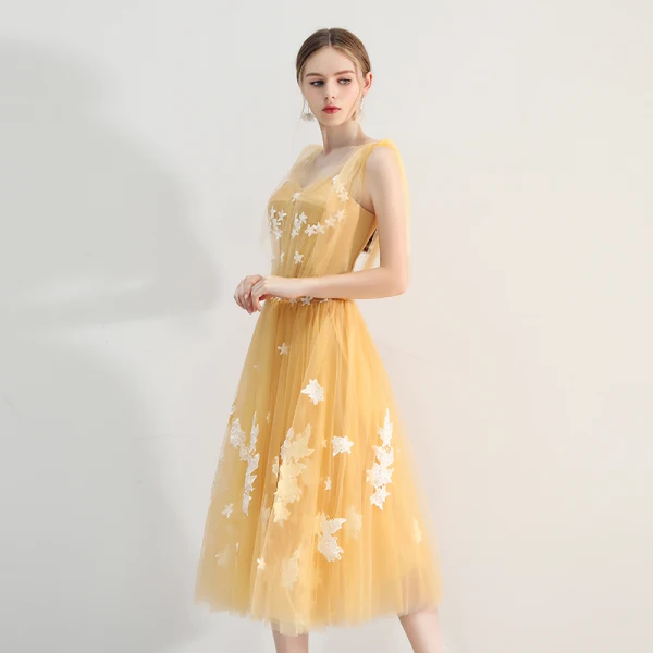 Chic / Belle Jaune de retour Robe De Graduation 2019 Princesse Encolure Carrée En Dentelle Fleur Sans Manches Dos Nu Thé Longueur Robe De Ceremonie
