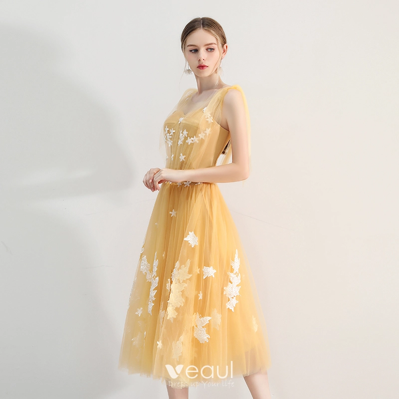 Chic Beautiful Yellow Homecoming Graduation Dresses 2019 A Line Princess  Square Neckline Lace Flower Sleeveless Backless Tea Length Formal Dresses