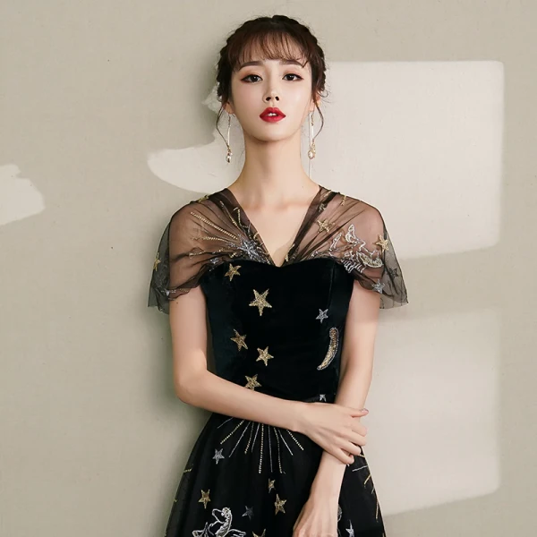 Modern / Fashion Black Evening Dresses  2019 A-Line / Princess V-Neck Lace Star Suede Cap Sleeves Backless Floor-Length / Long Formal Dresses