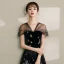 Modern / Fashion Black Evening Dresses  2019 A-Line / Princess V-Neck Lace Star Suede Cap Sleeves Backless Floor-Length / Long Formal Dresses