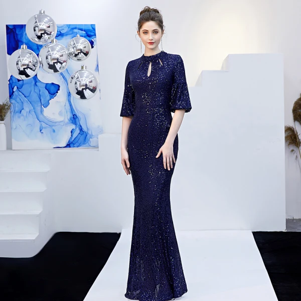 Scintillantes Couleur Unie Champagne Robe De Soirée 2019 Trompette / Sirène Encolure Dégagée Paillettes Ceinture 3/4 Manches Longue Robe De Ceremonie