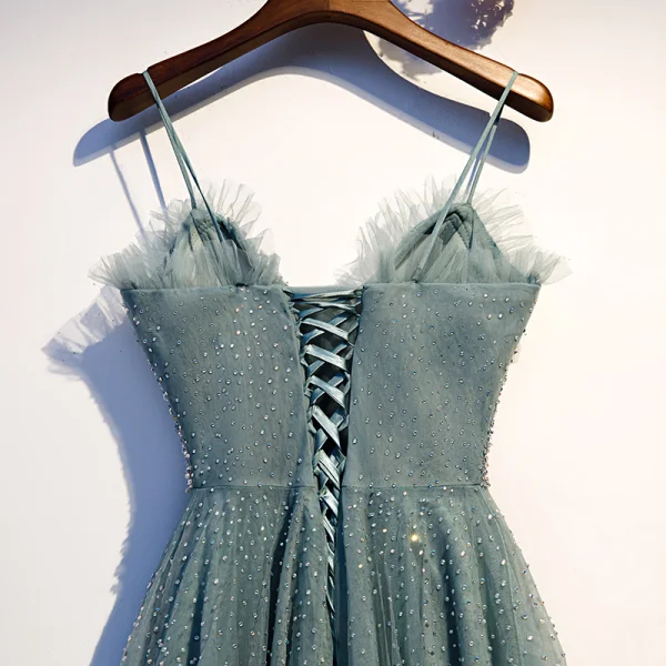 Chic / Beautiful Green Evening Dresses 2019 A-Line / Princess Spaghetti Straps Beading Sequins Rhinestone Sleeveless Backless Floor-Length / Long Formal Dresses