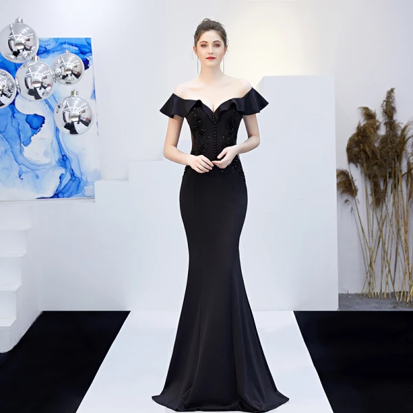 Charmant Couleur Unie Bleu Marine Robe De Soirée 2019 Trompette / Sirène De l'épaule Perlage Paillettes En Dentelle Fleur Manches Courtes Dos Nu Longue Robe De Ceremonie
