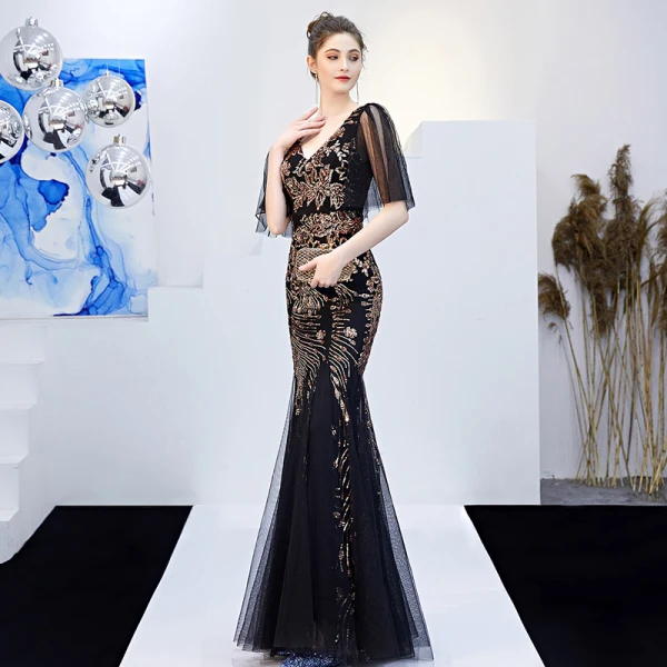 Charming Black Gold Evening Dresses 2019 Trumpet / Mermaid V-Neck Sequins Short Sleeve Backless Floor-Length / Long Formal Dresses
