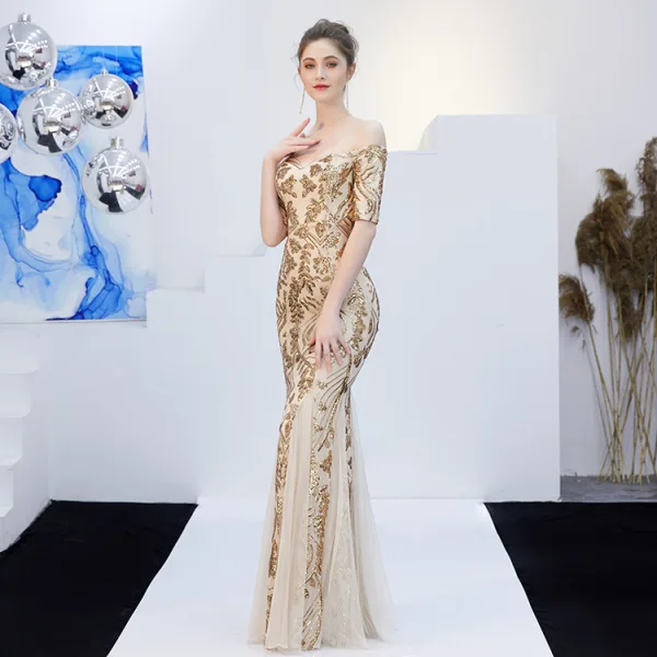 Glitzernden Champagner Abendkleider 2019 Meerjungfrau Off Shoulder Pailletten Kurze Ärmel Rückenfreies Lange Festliche Kleider