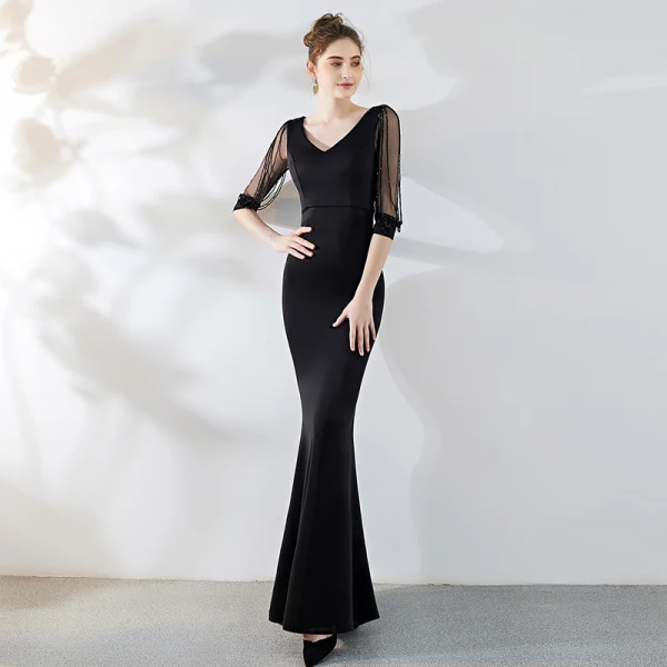 Chic / Beautiful Solid Color Burgundy Evening Dresses 2019 Trumpet / Mermaid V-Neck Beading Tassel 3/4 Sleeve Floor-Length / Long Formal Dresses