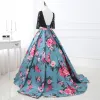 Chic / Beautiful Jade Green Prom Dresses 2018 A-Line / Princess Printing Lace Scoop Neck Backless 3/4 Sleeve Court Train Formal Dresses