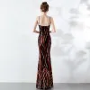 Charming Burgundy Evening Dresses  2019 Trumpet / Mermaid Spaghetti Straps Sequins Sleeveless Backless Floor-Length / Long Formal Dresses