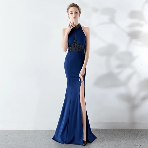 Sexy Black Evening Dresses 2019 Trumpet / Mermaid Halter Beading Pearl Sleeveless Backless Floor-Length / Long Formal Dresses