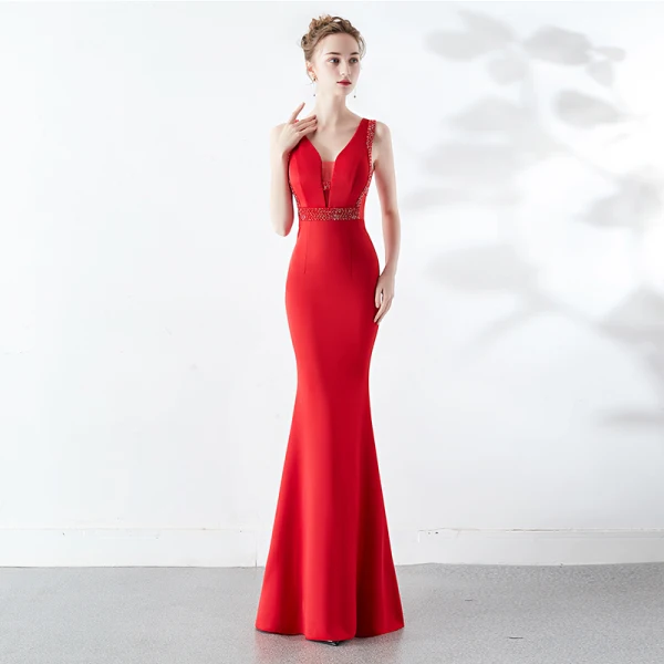 Chic / Beautiful Solid Color Burgundy Evening Dresses 2019 Trumpet / Mermaid V-Neck Beading Crystal Sleeveless Backless Floor-Length / Long Formal Dresses