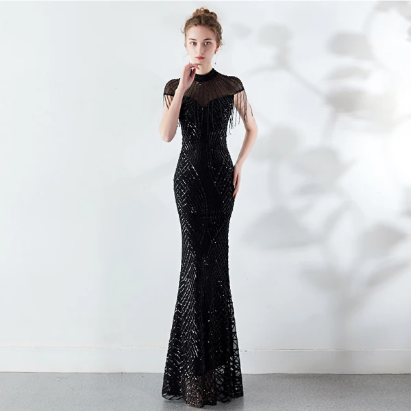 Chic / Beautiful Burgundy Evening Dresses 2019 Trumpet / Mermaid High Neck Beading Tassel Crystal Sequins Short Sleeve Floor-Length / Long Formal Dresses