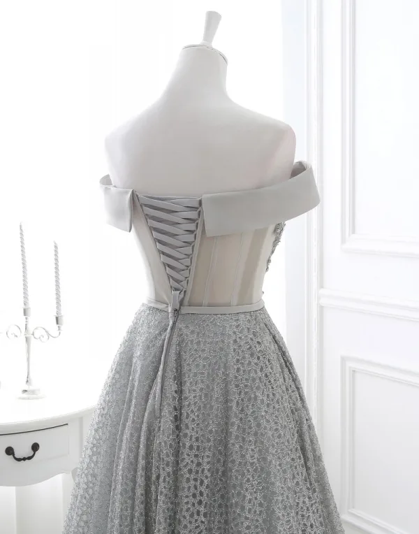 Schöne Grau Glanz Abendkleider 2018 A Linie Pailletten Off Shoulder Rückenfreies Ärmellos Asymmetrisch Festliche Kleider