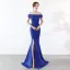 Chic / Belle Couleur Unie Ivoire Robe De Soirée 2019 Trompette / Sirène De l'épaule Faux Diamant En Dentelle Fleur Manches Courtes Dos Nu Fendue devant Longue Robe De Ceremonie