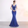 Chic / Beautiful Navy Blue Evening Dresses  2019 Trumpet / Mermaid V-Neck Beading Crystal Sleeveless Backless Floor-Length / Long Formal Dresses