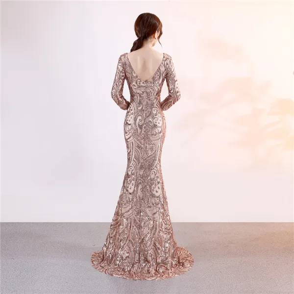 Charmant Doré Robe De Soirée 2019 Trompette / Sirène V-Cou Paillettes 3/4 Manches Dos Nu Fendue devant Longue Robe De Ceremonie