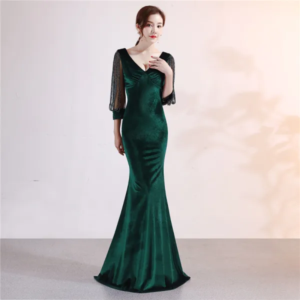 Chic Couleur Unie Bleu Marine Robe De Soirée 2019 Trompette / Sirène Daim V-Cou Perlage Gland 3/4 Manches Longue Robe De Ceremonie