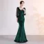 Chic Couleur Unie Bleu Marine Robe De Soirée 2019 Trompette / Sirène Daim V-Cou Perlage Gland 3/4 Manches Longue Robe De Ceremonie