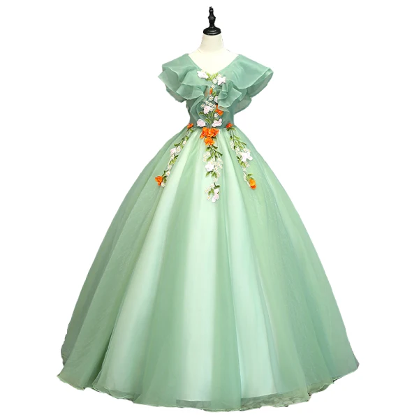 Chic / Beautiful Sage Green Prom Dresses 2019 Ball Gown V-Neck Lace Flower Short Sleeve Backless Floor-Length / Long Formal Dresses