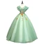 Chic / Beautiful Sage Green Prom Dresses 2019 Ball Gown V-Neck Lace Flower Short Sleeve Backless Floor-Length / Long Formal Dresses