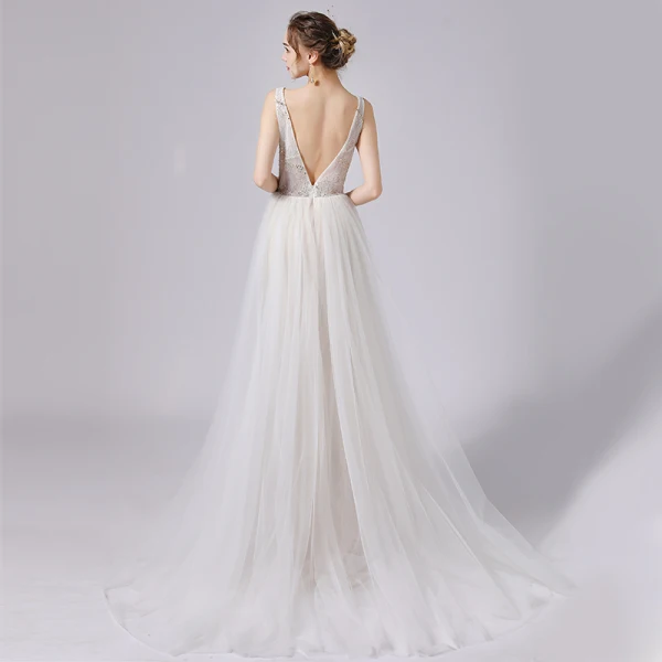 Modern / Fashion Ivory Wedding Dresses 2021 A-Line / Princess Beading Pearl Sequins Lace Flower Deep V-Neck Sleeveless Backless Sweep Train Wedding
