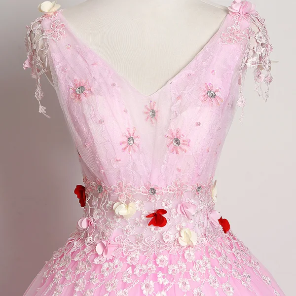 Élégant Rose Bonbon Robe De Bal 2019 Princesse V-Cou Fleur Perlage En Dentelle Appliques Sans Manches Dos Nu Longue Robe De Ceremonie