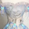 Mode Himmelblau Ballkleider 2019 A Linie Off Shoulder Spitze Blumen Perle Applikationen Kurze Ärmel Rückenfreies Lange Festliche Kleider