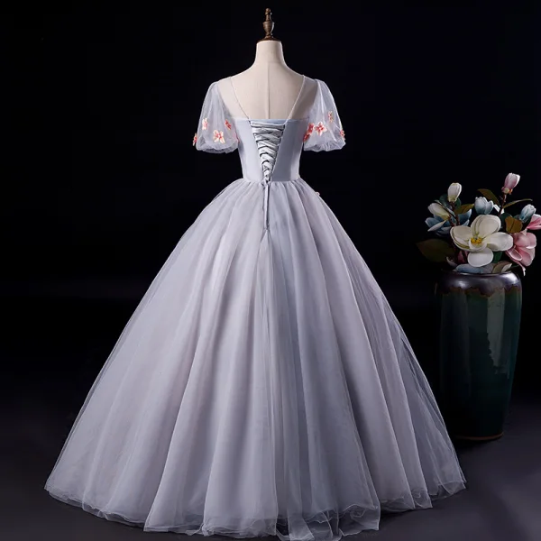 Elegant Grey Prom Dresses 2019 A-Line / Princess Scoop Neck Appliques Pearl Short Sleeve Backless Floor-Length / Long Formal Dresses
