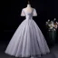 Elegant Grey Prom Dresses 2019 A-Line / Princess Scoop Neck Appliques Pearl Short Sleeve Backless Floor-Length / Long Formal Dresses