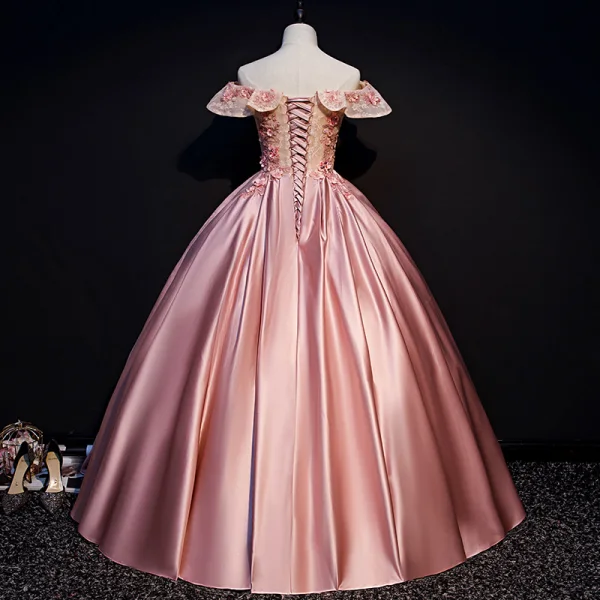 Elegant Candy Pink Prom Dresses 2019 Ball Gown Off-The-Shoulder Beading Appliques Lace Flower Sequins Short Sleeve Backless Floor-Length / Long Formal Dresses