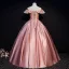 Elegant Candy Pink Prom Dresses 2019 Ball Gown Off-The-Shoulder Beading Appliques Lace Flower Sequins Short Sleeve Backless Floor-Length / Long Formal Dresses