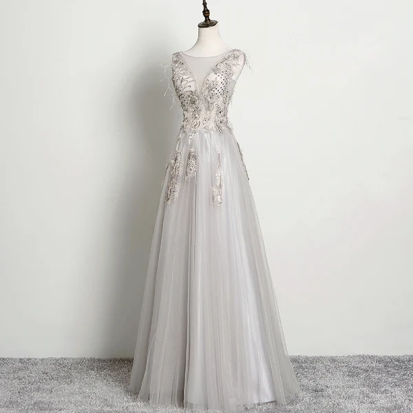 Chic / Belle Gris Robe De Soirée 2019 Princesse Sans Manches Perlage Faux Diamant En Dentelle Fleur Encolure Dégagée Dos Nu Longue Robe De Ceremonie