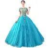 Traditional Jade Green Prom Dresses 2019 Ball Gown Scoop Neck Beading Lace Flower Short Sleeve Backless Floor-Length / Long Formal Dresses