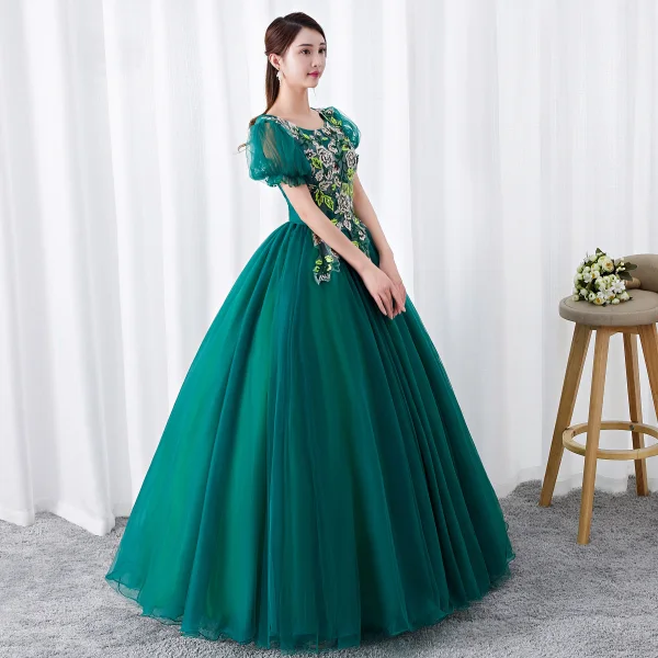 Chic / Beautiful Dark Green Prom Dresses 2019 Ball Gown Scoop Neck Rhinestone Lace Flower Short Sleeve Backless Floor-Length / Long Formal Dresses