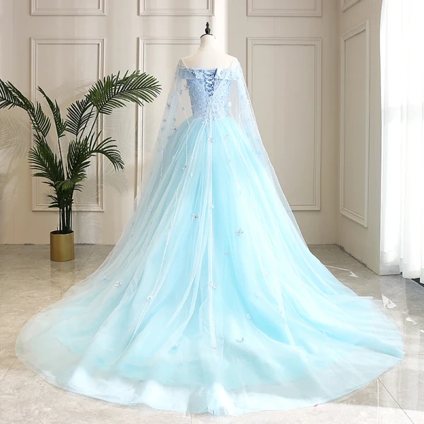 Modern / Fashion Pool Blue Prom Dresses 2019 A-Line / Princess Square Neckline Appliques Lace Flower Pearl Rhinestone Short Sleeve Backless Watteau Train Formal Dresses