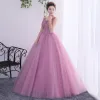 Chic / Beautiful Blushing Pink Prom Dresses 2019 A-Line / Princess Scoop Neck Beading Lace Flower Appliques Sleeveless Backless Floor-Length / Long Formal Dresses