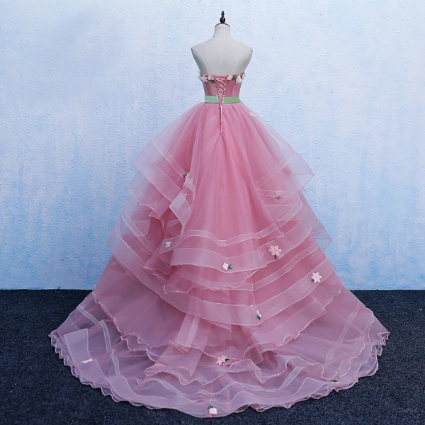 Schöne Pink Ballkleider 2019 Ballkleid Bandeau Schleife Spitze Blumen Ärmellos Rückenfreies Fallende Rüsche Sweep / Pinsel Zug Festliche Kleider